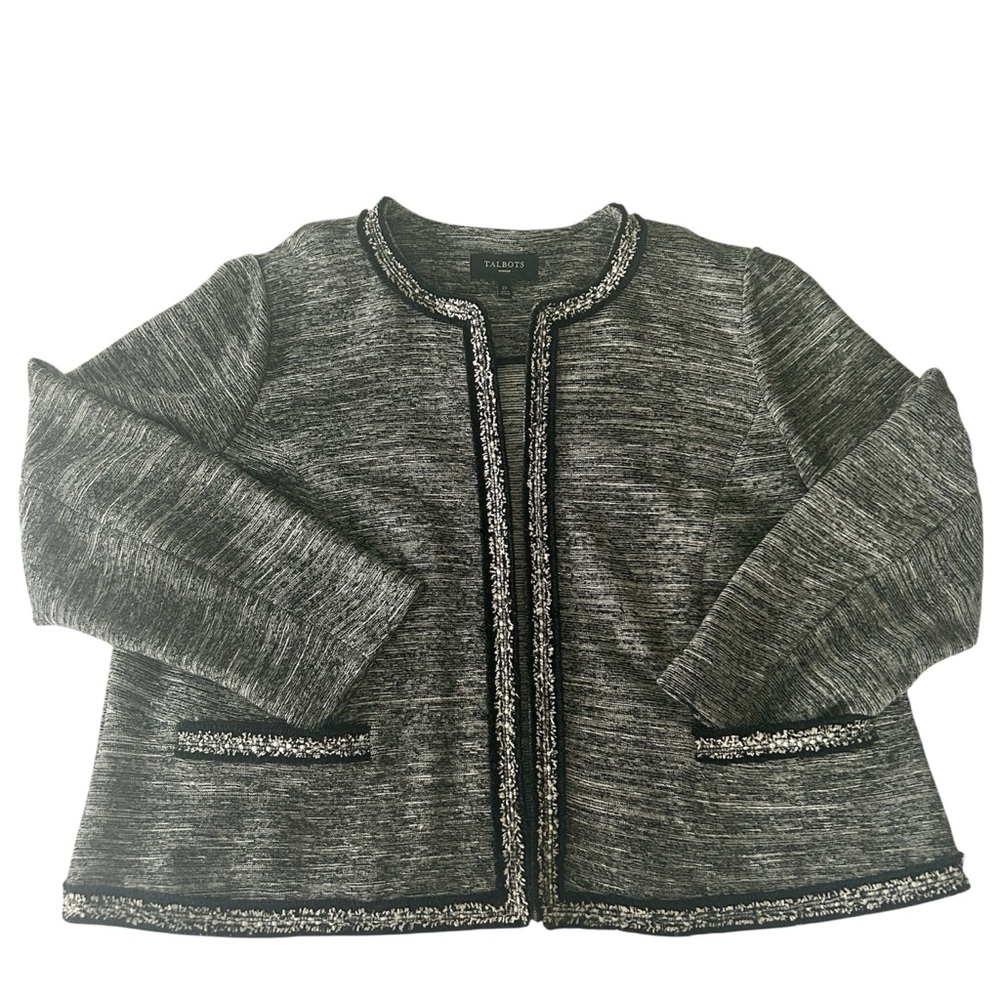 Talbots Tweed Jacket 2X | Black & Ivory Fringe Trim Open Front Blazer | Classic